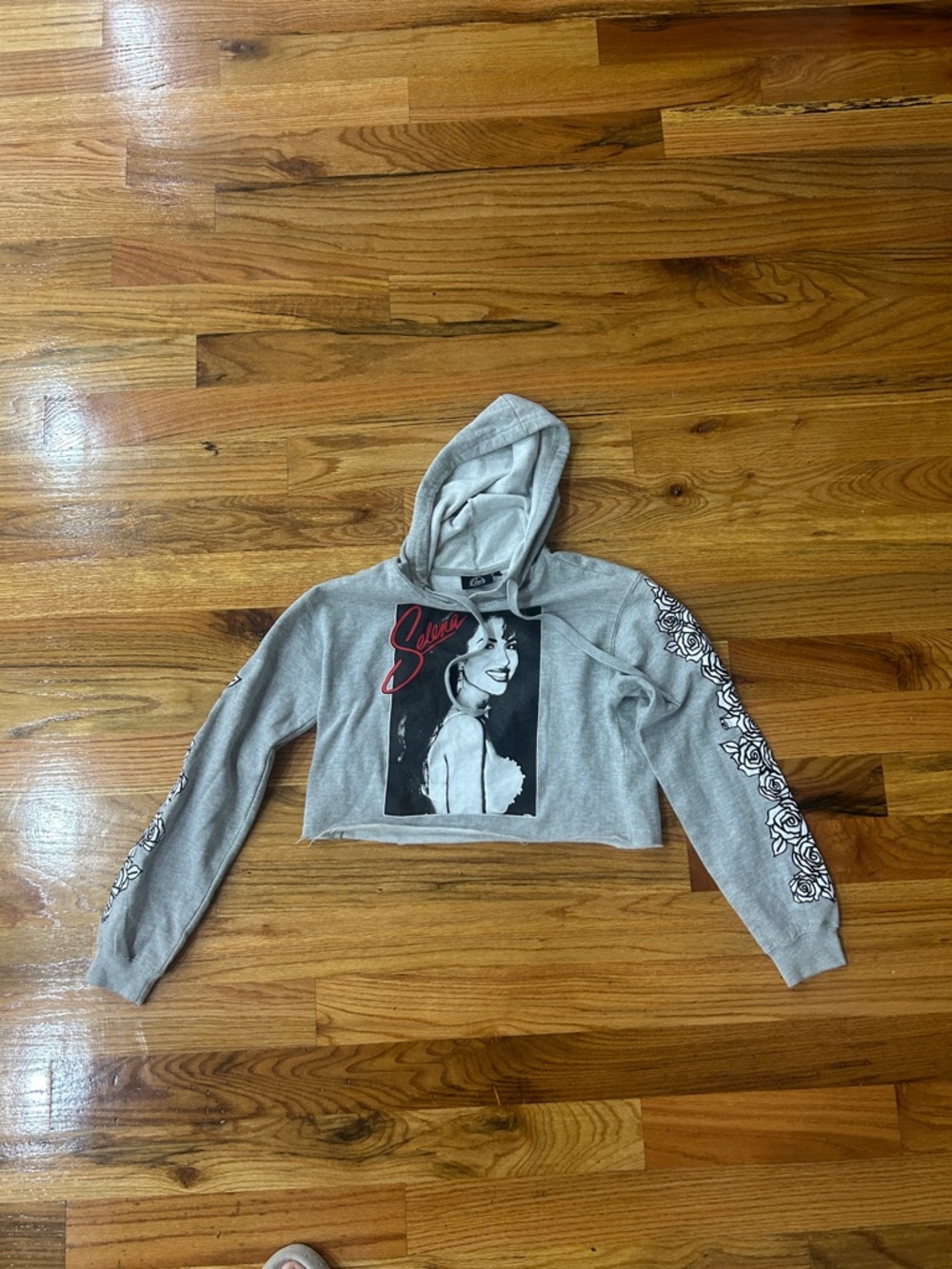 Selena Graphic Gray Cropped Hoodie with Red Script